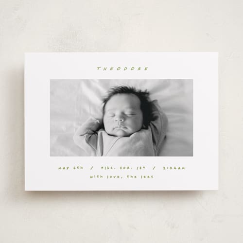This is a greenery birth announcements with standard by AK Graphics called pano printing on recycled smooth signature in standard
