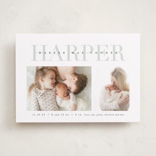 This is a sage birth announcements with standard by Lauren Chism called love-ly printing on recycled smooth signature in standard