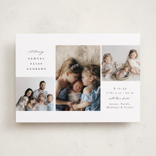 This is a noir birth announcements with standard by Emily Betts called three printing on smooth signature in standard