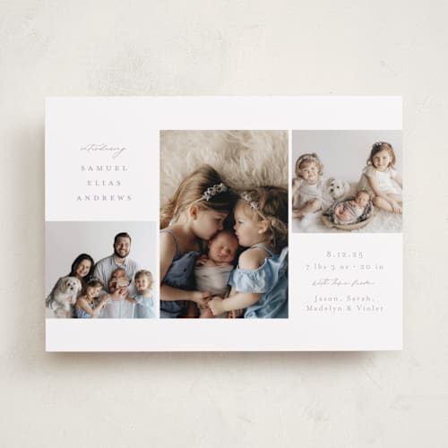 This is a lilac birth announcements with standard by Emily Betts called three printing on smooth signature in standard