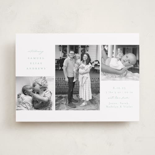 This is a seafoam birth announcements with standard by Emily Betts called three printing on recycled smooth signature in standard