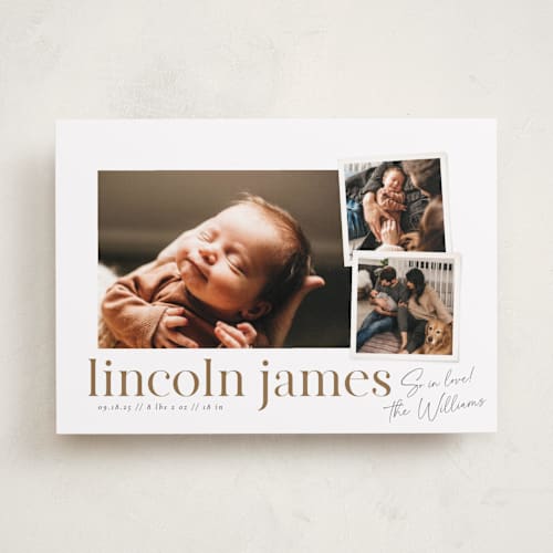 This is a linen birth announcements with standard by Robert and Stella called little snaps printing on smooth signature in standard
