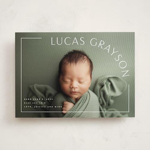 This is a snow birth announcements with standard by Lauren Chism called take shape printing on smooth signature in standard
