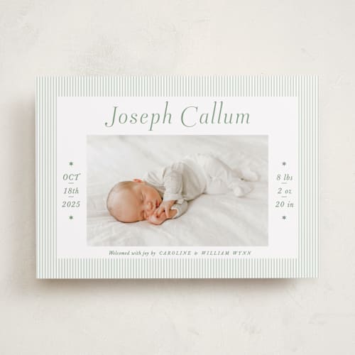 This is a sweet pea birth announcements with standard by Alston Foster called sweet stripes printing on recycled smooth signature in standard