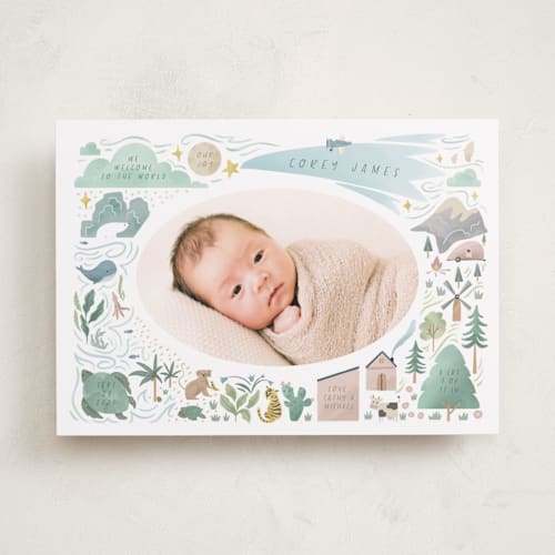 This is a blue jay birth announcements with standard by Grae called a wonderful world printing on smooth signature in standard