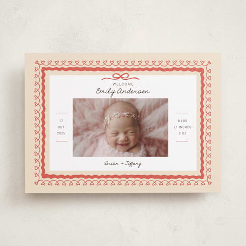 This is a latte birth announcements with standard by Kartika Paramita called vintage love bow printing on recycled smooth signature in standard