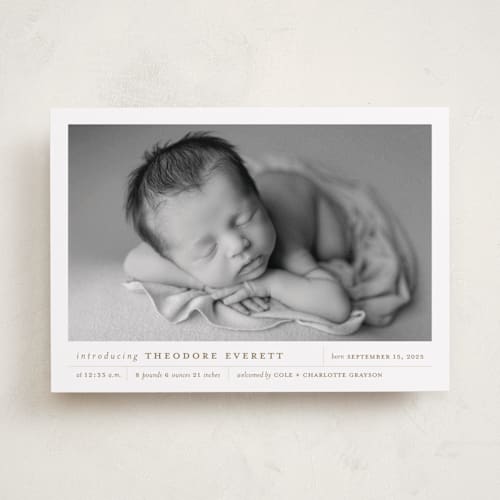 This is a sand birth announcements with standard by Alexandra Cohn called modern grid printing on smooth signature in standard