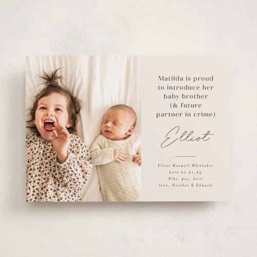 This is a bamboo birth announcements with standard by Corinne Malesic called siblings printing on smooth signature in standard