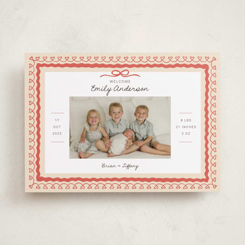 This is a latte birth announcements with standard by Kartika Paramita called vintage love bow printing on recycled smooth signature in standard