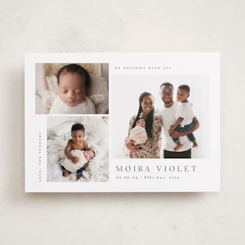 This is a stone birth announcements with standard by Carolyn MacLaren called welcome with joy printing on recycled smooth signature in standard