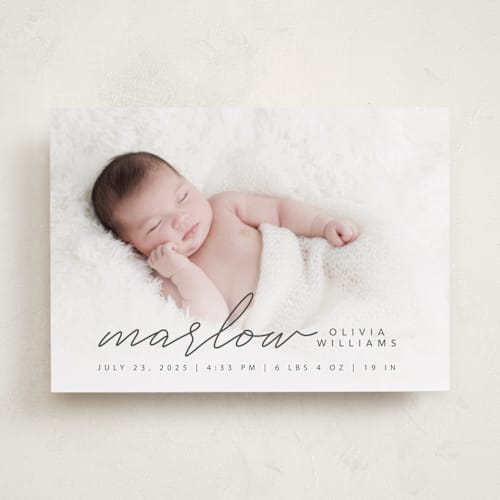 This is a graphite birth announcements with standard by Megan Cash called marlow printing on recycled smooth signature in standard
