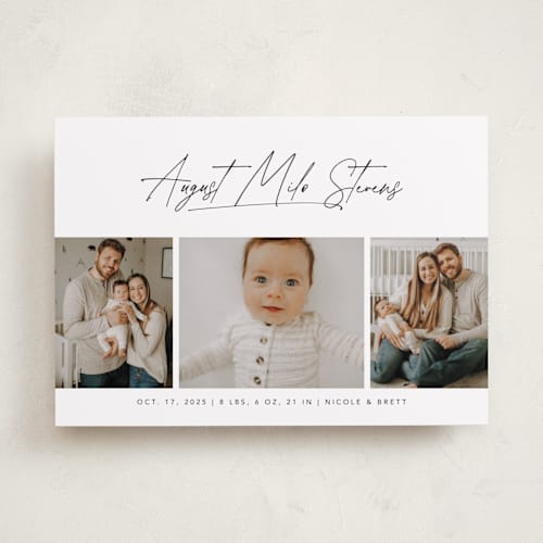 This is a cloud birth announcements with standard by Lea Delaveris called me times three printing on recycled smooth signature in standard