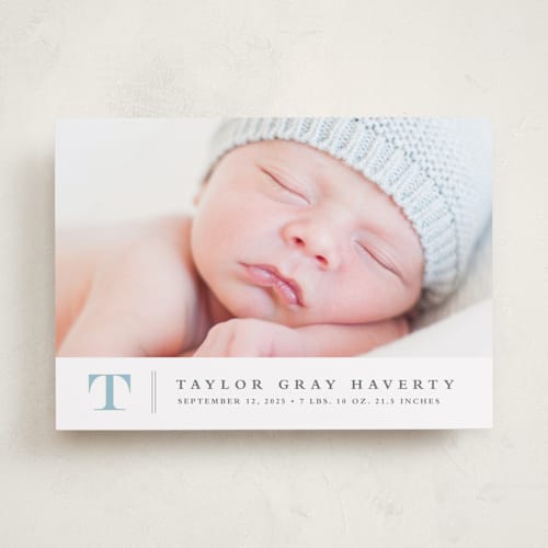 This is a powder birth announcements with standard by Stacey Meacham called stately monogram printing on smooth signature in standard