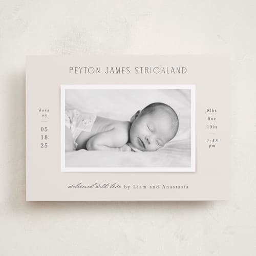 This is a cream birth announcements with standard by Hooray Creative called classical printing on smooth signature in standard