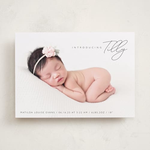 This is a raven birth announcements with standard by Olivia Raufman called nickname intro printing on smooth signature in standard