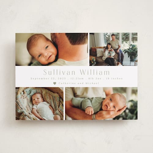 This is a sage birth announcements with standard by Hudson meet Rose called welcome home printing on smooth signature in standard
