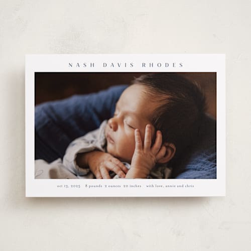 This is a cobalt birth announcements with standard by Stacey Meacham called simple name printing on smooth signature in standard