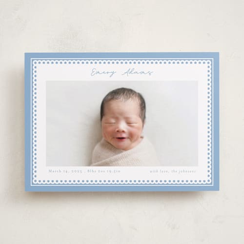 This is a sky birth announcements with standard by Nicole Walsh called stitched frame printing on recycled smooth signature in standard