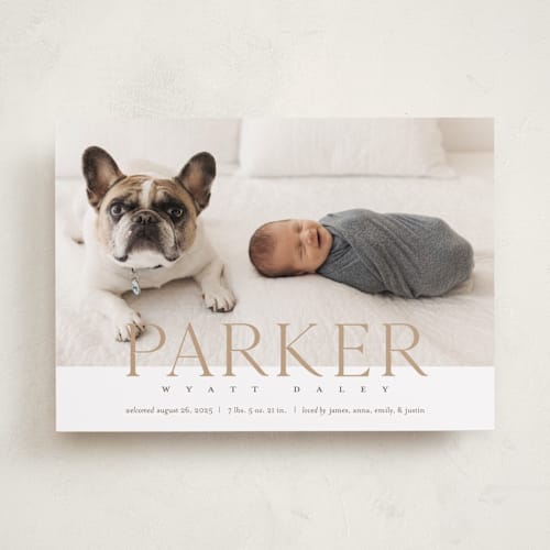 This is a toffee birth announcements with standard by Eric Clegg called modern classic printing on smooth signature in standard