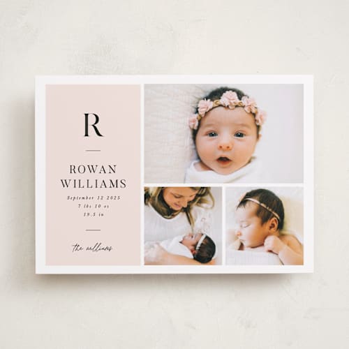 This is a blush birth announcements with standard by Robert and Stella called monogram block printing on smooth signature in standard