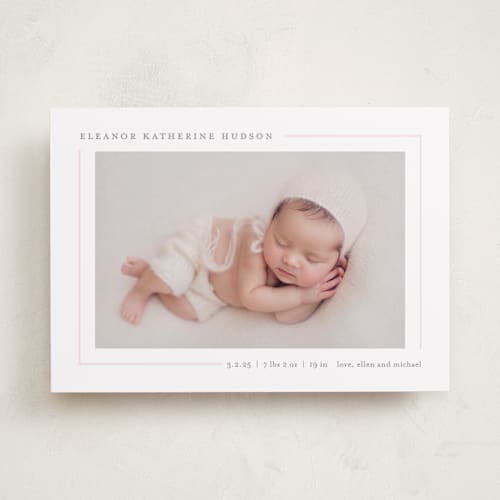 This is a blush birth announcements with standard by Lauren Chism called simply serene printing on smooth signature in standard