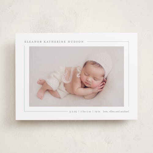 This is a mint birth announcements with standard by Lauren Chism called simply serene printing on recycled smooth signature in standard