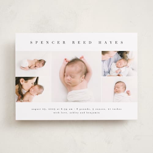 This is a white linen birth announcements with standard by Erica Krystek called sweet simplicity printing on smooth signature in standard