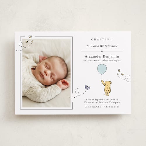 This is a cloud birth announcements with standard by Heather Schertzer called disney sweetest adventure printing on smooth signature in standard
