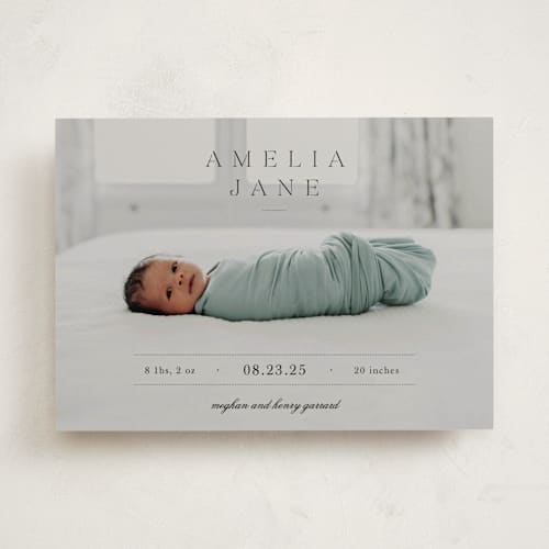 This is a fog birth announcements with standard by Sara Hicks Malone called vintage printing on smooth signature in standard