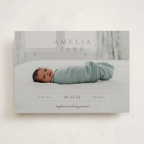 This is a sienna birth announcements with standard by Sara Hicks Malone called vintage printing on smooth signature in standard