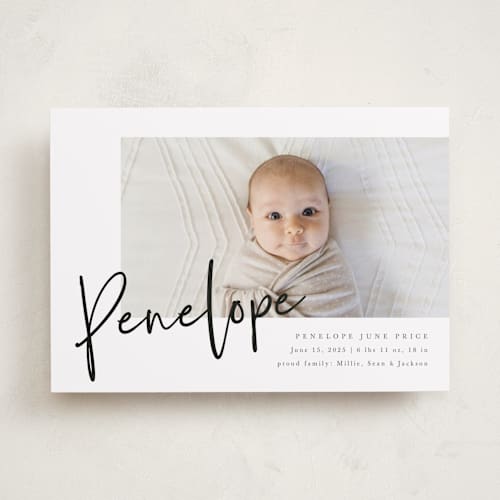 This is a blackboard birth announcements with standard by Amy Payne called clean lines printing on smooth signature in standard