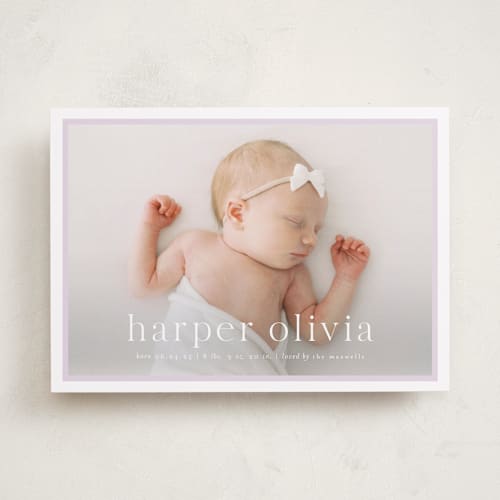 This is a lilac birth announcements with standard by Alexandra Cohn called portraiture printing on smooth signature in standard