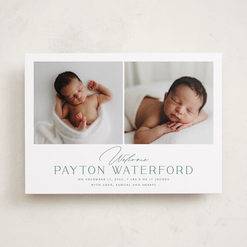 This is a teal birth announcements with standard by chocomocacino called gujiya printing on recycled smooth signature in standard