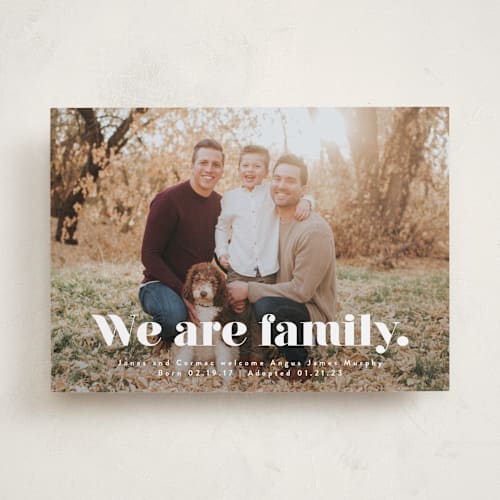This is a cotton birth announcements with standard by Corinne Malesic called we are family printing on smooth signature in standard