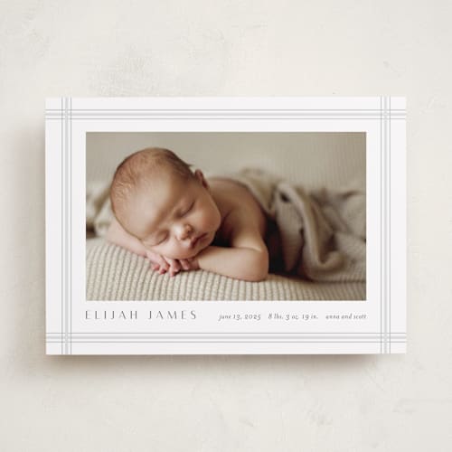 This is a cement birth announcements with standard by Stacey Meacham called soft plaid printing on smooth signature in standard