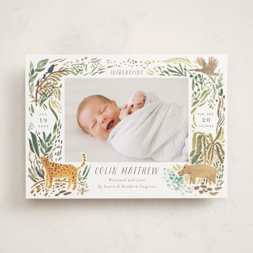 This is a jungle birth announcements with standard by Morgan Ramberg called jungle friends printing on smooth signature in standard