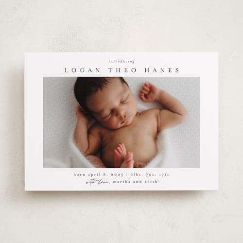 This is a sugar birth announcements with standard by Chris Griffith called frame of happiness printing on recycled smooth signature in standard