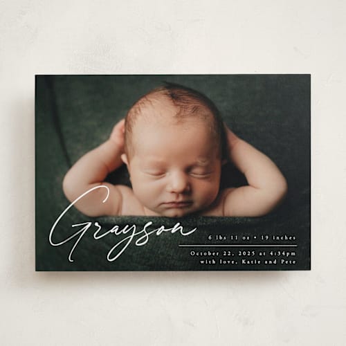 This is a frost birth announcements with standard by Everett Paper Goods called linear printing on smooth signature in standard