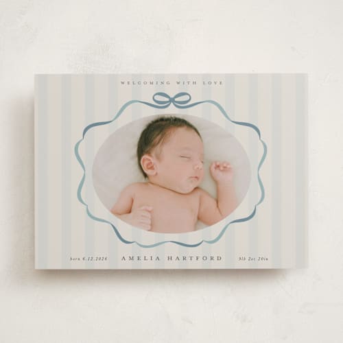 This is a lagoon birth announcements with standard by Lori Wemple called bows and stripes printing on recycled smooth signature in standard