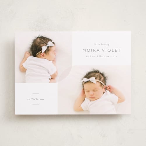 This is a stone birth announcements with standard by Carolyn MacLaren called curved duo printing on smooth signature in standard