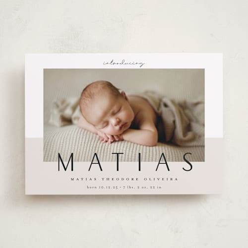 This is a ivory birth announcements with standard by Maria Hilas-Louie called big news printing on smooth signature in standard