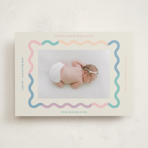 This is a cream birth announcements with standard by Baumbirdy called wavy pastel frame printing on recycled smooth signature in standard