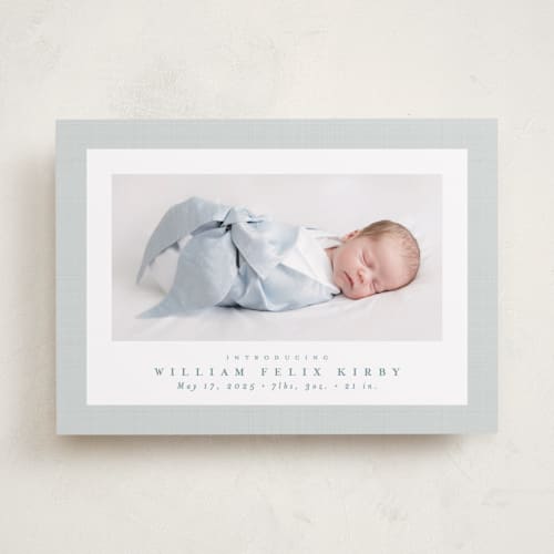 This is a powder birth announcements with standard by Lea Delaveris called linen frame printing on recycled smooth signature in standard