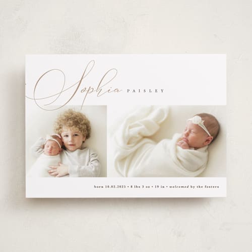 This is a oat birth announcements with standard by Pixel and Hank called classic twist printing on smooth signature in standard