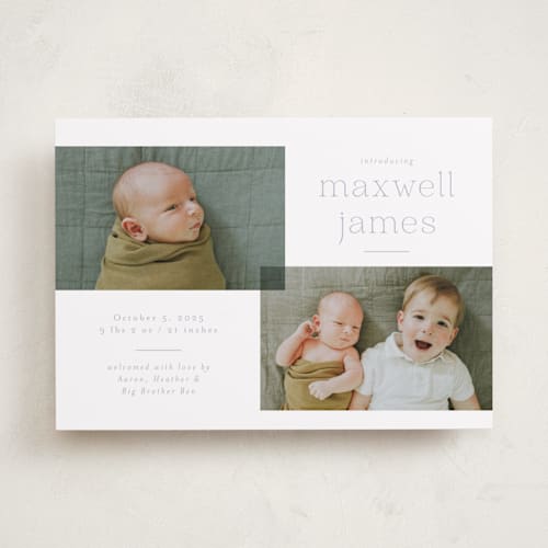 This is a lilac birth announcements with standard by Emily Betts called handsome two printing on smooth signature in standard