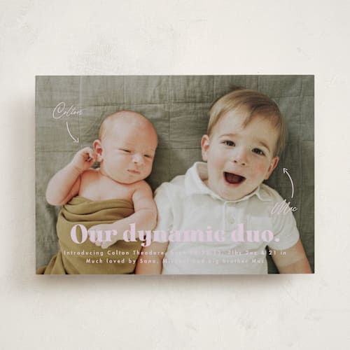 This is a lavender birth announcements with standard by Corinne Malesic called dynamic duo printing on smooth signature in standard