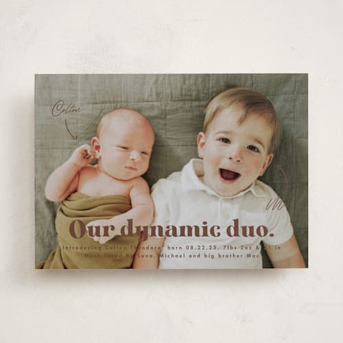 This is a wood birth announcements with standard by Corinne Malesic called dynamic duo printing on recycled smooth signature in standard