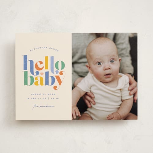 This is a bluebird birth announcements with standard by Jessica Corliss called hello sweet baby printing on smooth signature in standard