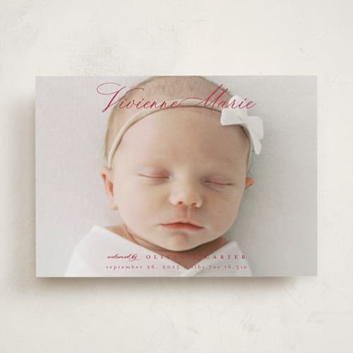 This is a wine birth announcements with standard by Ashlee Townsend called enchanted love printing on smooth signature in standard