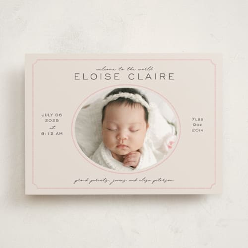 This is a petal birth announcements with standard by Melissa Egan of Pistols called prim printing on smooth signature in standard